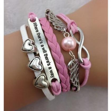 Charm Bracelet Motto Infinity Hearts Cords Pink..