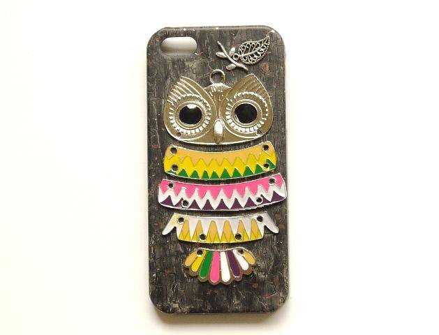 Silver Owl Black Wooden Pattern Leather Case For Iphone 5 5s