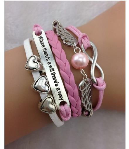 Charm Bracelet Motto Infinity Hearts Cords Pink Braided Leather Bracelet