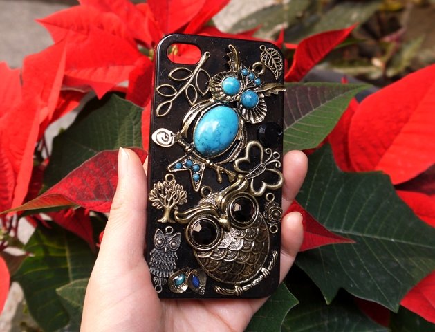 Antique Bronze Fantacy Owls Black Case For Iphone 4 4s