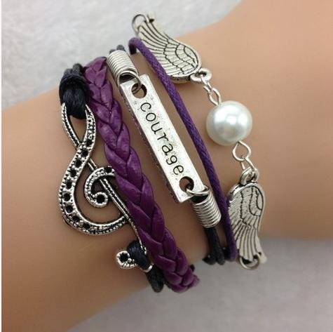 Courage Charm Bracelet Angel-wings Purple Braided Leather Bracelet