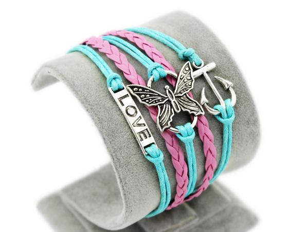 Love Navy Anchor Charm Bracelet Butterfly Pink Braided Leather Bracelet