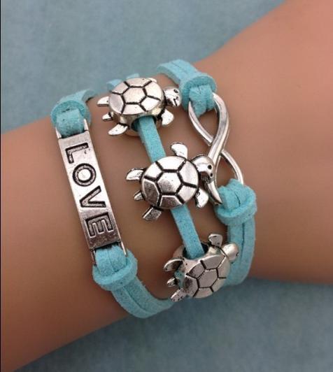 Blue Turtle love bracelet charm bracelet infinity leather bracelet