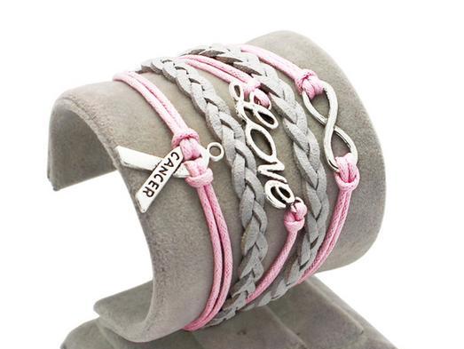 Pink love bracelet charm bracelet cancer grey braided leather bracelet