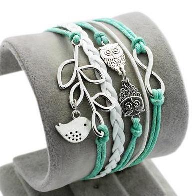 Bird leaves-infinity love bracelet charm bracelet OWL white braided leather bracelet