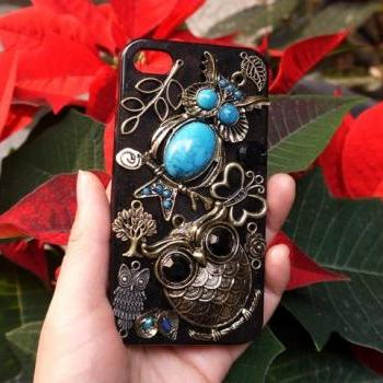 Antique Bronze Fantacy Owls Black Case For iPhone 4 4s